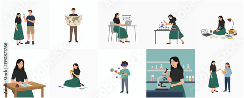 Flat Style Diverse People at Work and Leisure Lifestyle Illustration Set