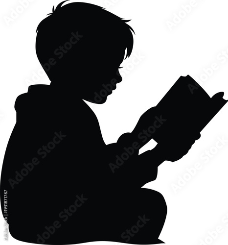 Child reading book silhouette, young boy studying education concept, black vector illustration of kid learning isolated on white background