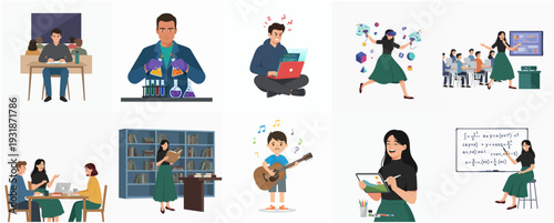 Colorful Flat Illustration Diverse Scene of Education and Learning Activity