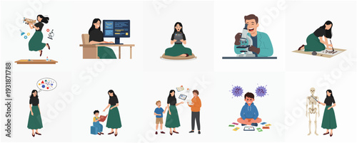 Flat Style Variety Characters Doing Science and Medical and Educational Activities