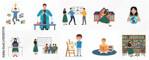 Flat Design Various People Activity and Learning Process Education Illustration