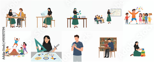 Flat Illustration Diverse Learning Activities at Home and School Education Set