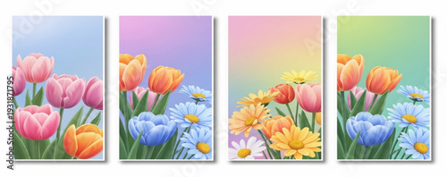 Collection of beautiful backgrounds with spring flowers daisies, tulips, wildflowers with soft, blurred outlines and gradients in pastel shades. The overall style is dreamy, soft, and artistic