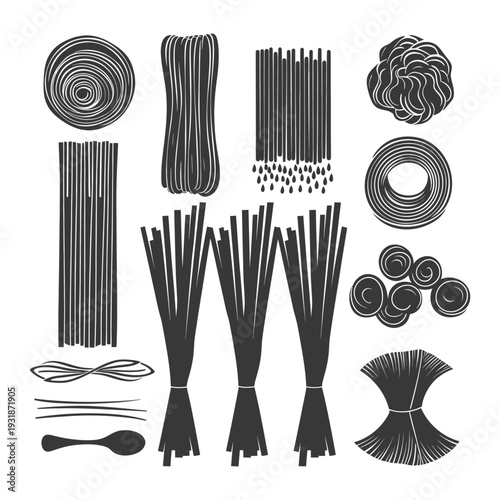 A Collection of Different Types of Pasta in Black and White Silhouette