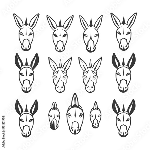 A Collection of Donkey Head Illustrations in Black and White