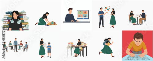 Flat Illustration Various Scenes of People in Diverse Activities and Workplaces