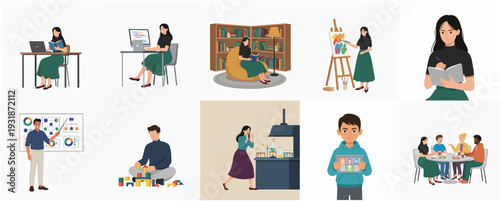 Modern Flat People Doing Various Activities at Home and Work Illustration