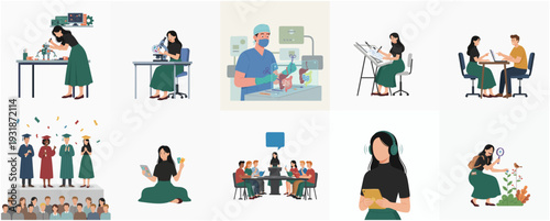 Minimalist Diverse People in Various Professions and Activities Illustration Set