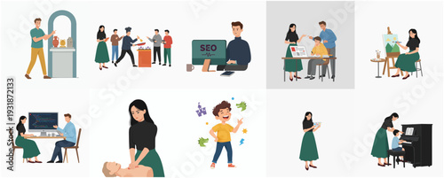 Flat Illustration Various People in Different Activity Situations Set