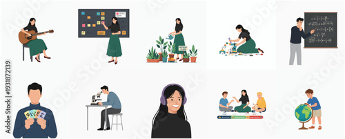 Flat Illustration Various People Doing Activities and Hobbies, Daily Life Illustration Set