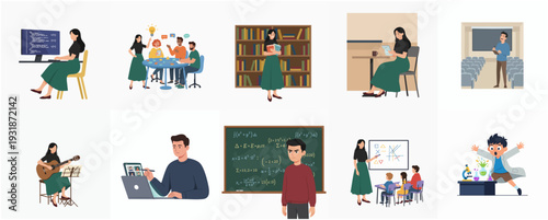 Handdrawn Illustration of Education and Learning Activities with Diverse Characters