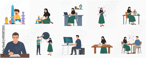 Flat Style Diverse People Characters in Different Scenes and Activities Illustration