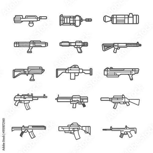 A Collection of Futuristic and Modern Gun Line Art Illustrations