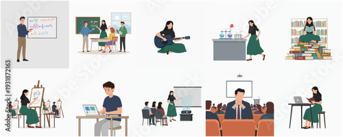 Flat Illustration Set Depicting Various Educational and Learning Scenarios Activities