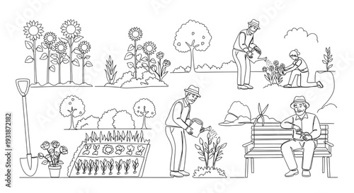 Old Man Gardening Continuous One Line Art – Editable Stroke Minimalist Vector Illustration