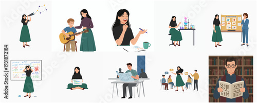 Flat Illustration Set Diverse Learning and Teaching Activities in Educational Environment