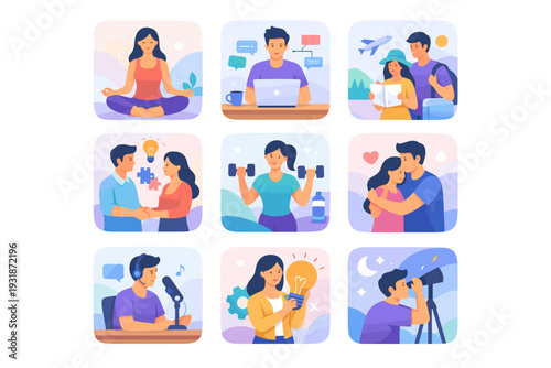 Personal growth and emotional wellbeing lifestyle scenes collection