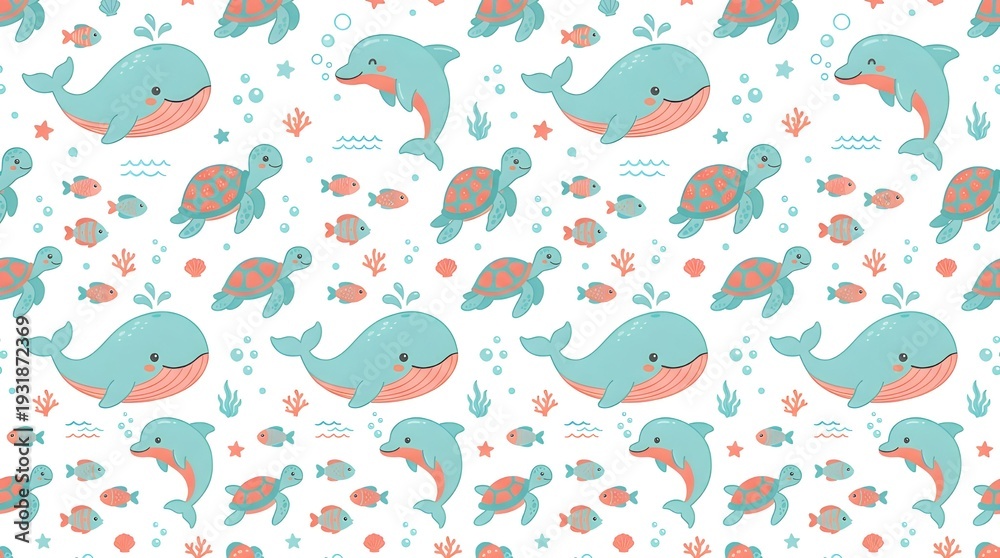 Fototapeta premium Cute Whale and Ocean Seamless Pattern