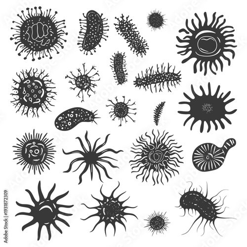 A Collection of Hand-Drawn Black and White Microorganisms