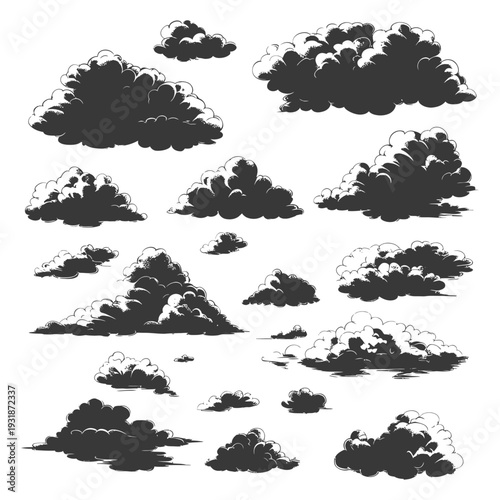 A Collection of Hand-Drawn Cloudy Shapes in Black and White