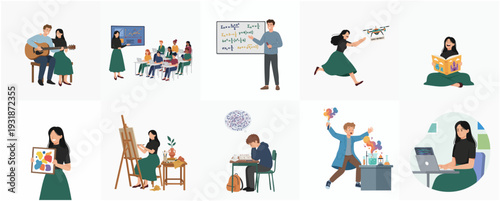 Flat Style Diverse Students Learning Activities and Studying Scenes Illustration