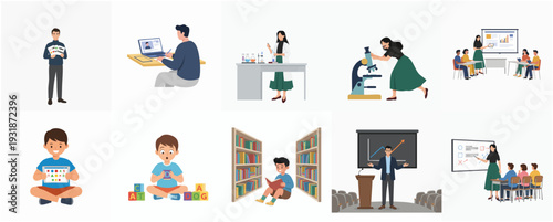 Flat Illustration Set Different People Activity Education Learning and Working at Home