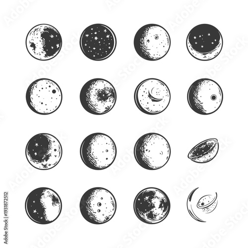 A Collection of Hand-Drawn Moon Phases in Various Stages