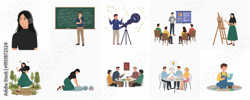 Flat Illustration Diverse People Engaged in Various Activities Scene Set