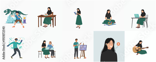 Flat Illustration Diverse People Performing Different Activities and Occupations Set