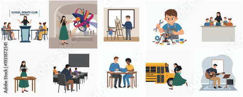 Diverse Scenes of Education and Skill Development Activities Illustration