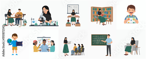 Flat Illustration Collection of Students and Teacher in Various Scene