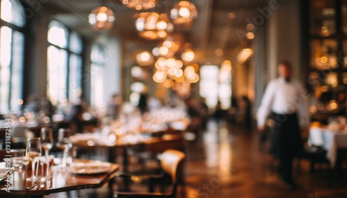 Wallpaper Mural Blurred Image Of Sophisticated Dining Establishment Interior Featuring Meticulous Staff, Tables Torontodigital.ca