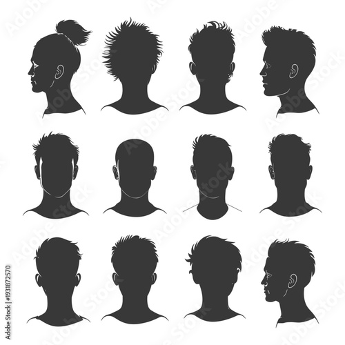 A Collection of Human Head Silhouettes in Different Hairstyles and Angles