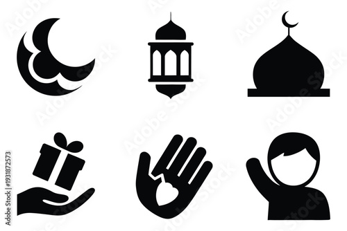 Islamic religious symbols silhouettes featuring mosque dome lantern crescent moon gift and raised hand icons