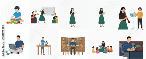 Flat Design People Activities in Different Situation Education and Work Illustration