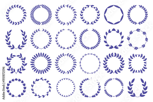 Laurel wreath collection in blue color for awards and achievements icons isolated on transparent background for winner badges and medals