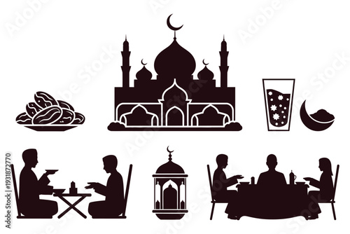 Ramadan kareem concept silhouettes including mosque dates fruit family eating together at suhoor and iftar time with traditional lantern