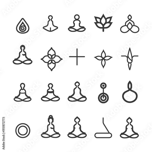 A Collection of Line Art Icons Related to Meditation and Spirituality