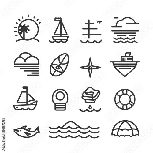 A Collection of Line Art Icons Representing Ocean and Sea Activities