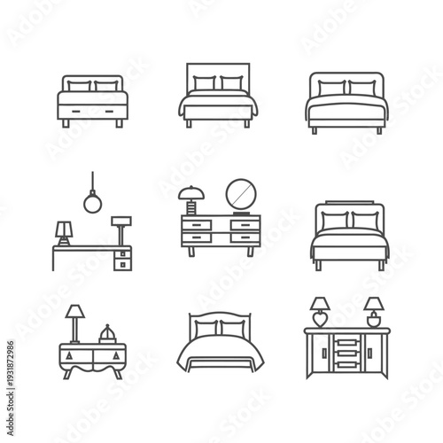 A Collection of Line Drawings Illustrating Bedroom Furniture and Accessories