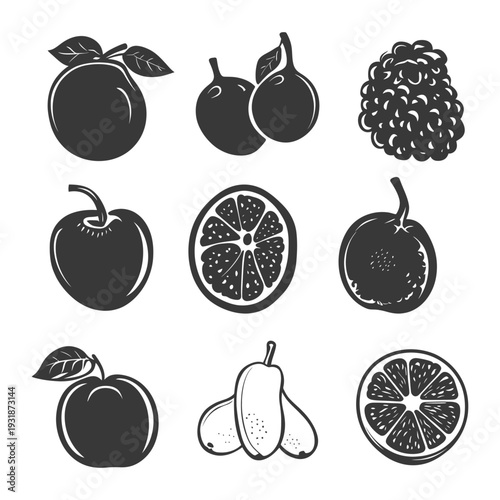 A Collection of Nine Black and White Fruits and Berries