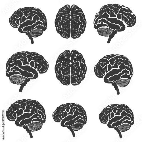 A Collection of Nine Black and White Silhouettes of Human Brains