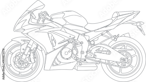 Detailed line art illustration of a modern sport bike in side profile view