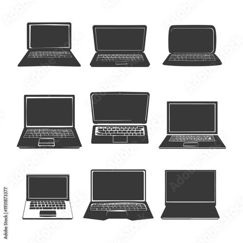 A Collection of Nine Hand-Drawn Laptop Silhouettes