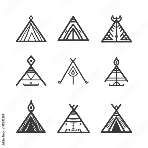 A Collection of Nine Hand-Drawn Tent and Teepee Designs