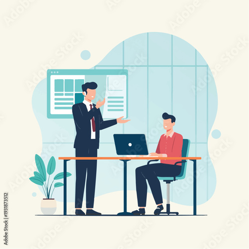 Business people working on laptops in office meeting cartoon illustration