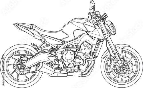 Detailed black and white line art drawing of a modern naked sport motorcycle