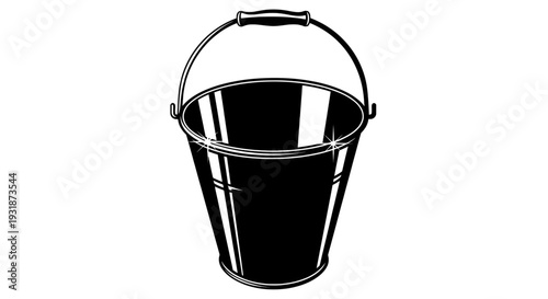 A classic black metal bucket with a sturdy handle for carrying or storage purposes.