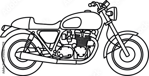 Black and white outline drawing of a classic cafe racer motorcycle design