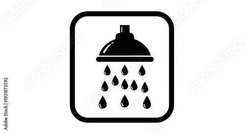 Black and white icon of a shower head with falling water droplets